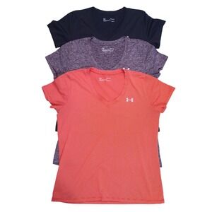 Lot of 3 Under Armour HeatGear V-Neck T-Shirt Womens M Black Purple Orange Gym